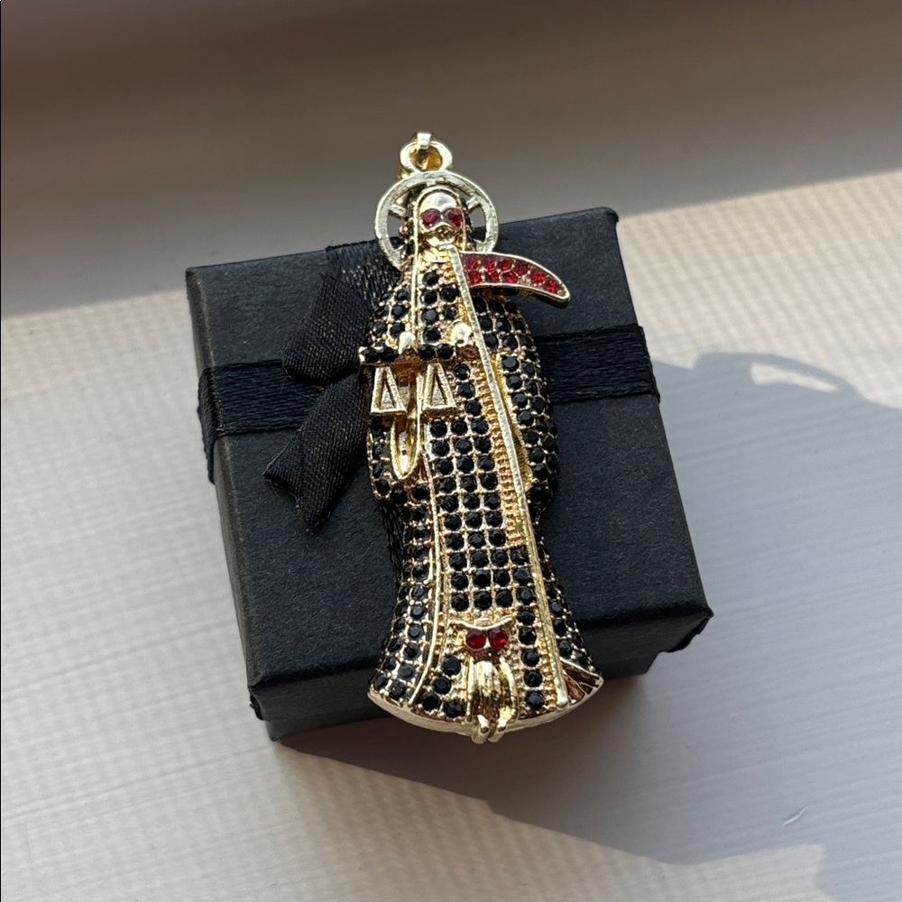 Gold Plated Grim Reaper Santa Muerte Large Pendant Black Red Crystal Gothic